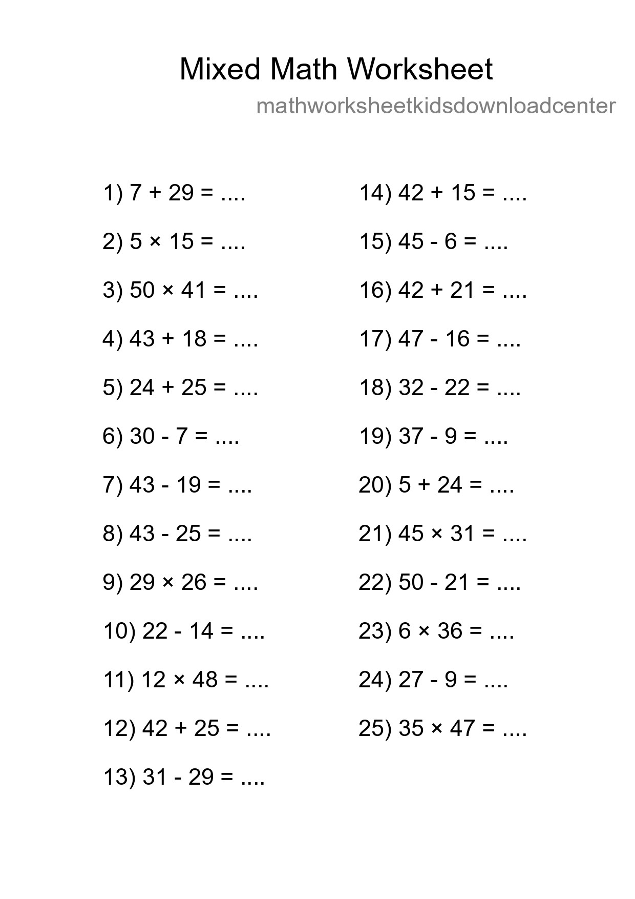 Mixed Operations Math Worksheet
