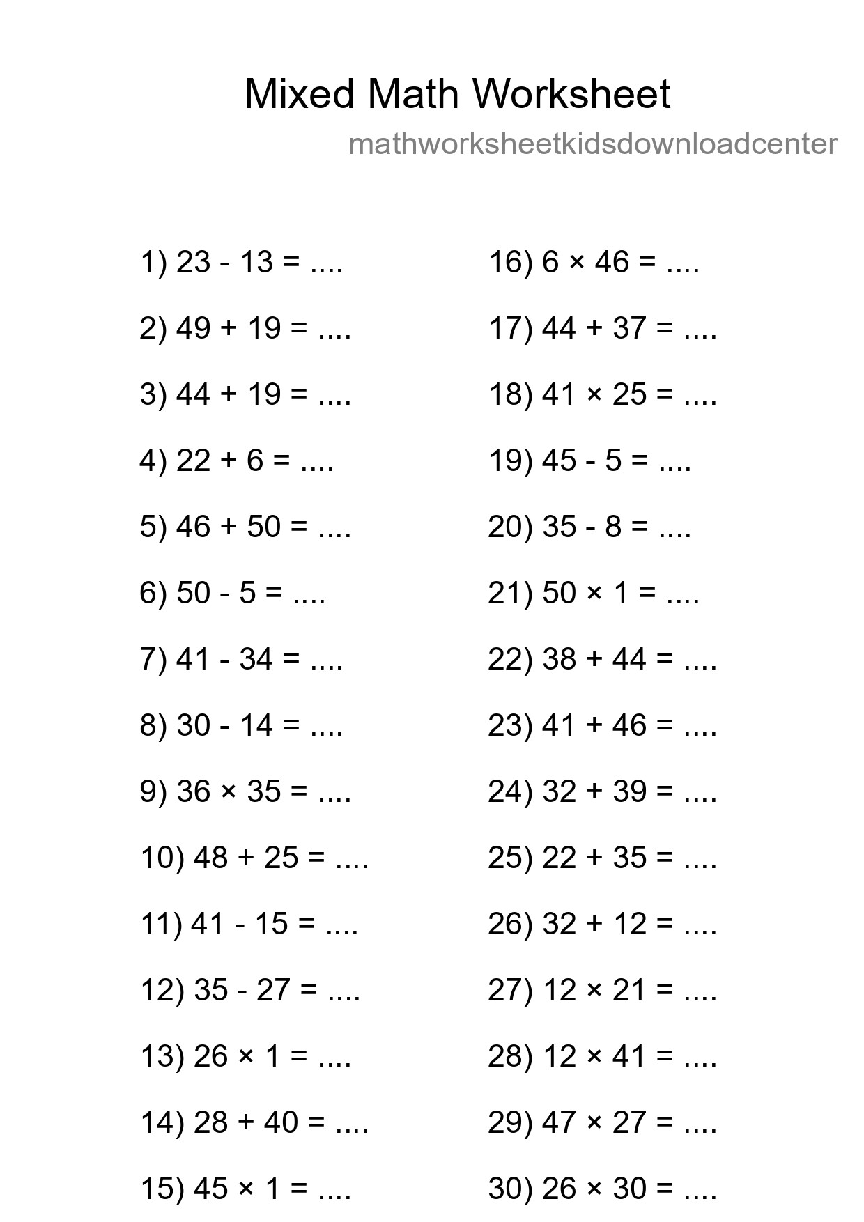 Mixed Operations Math Worksheet