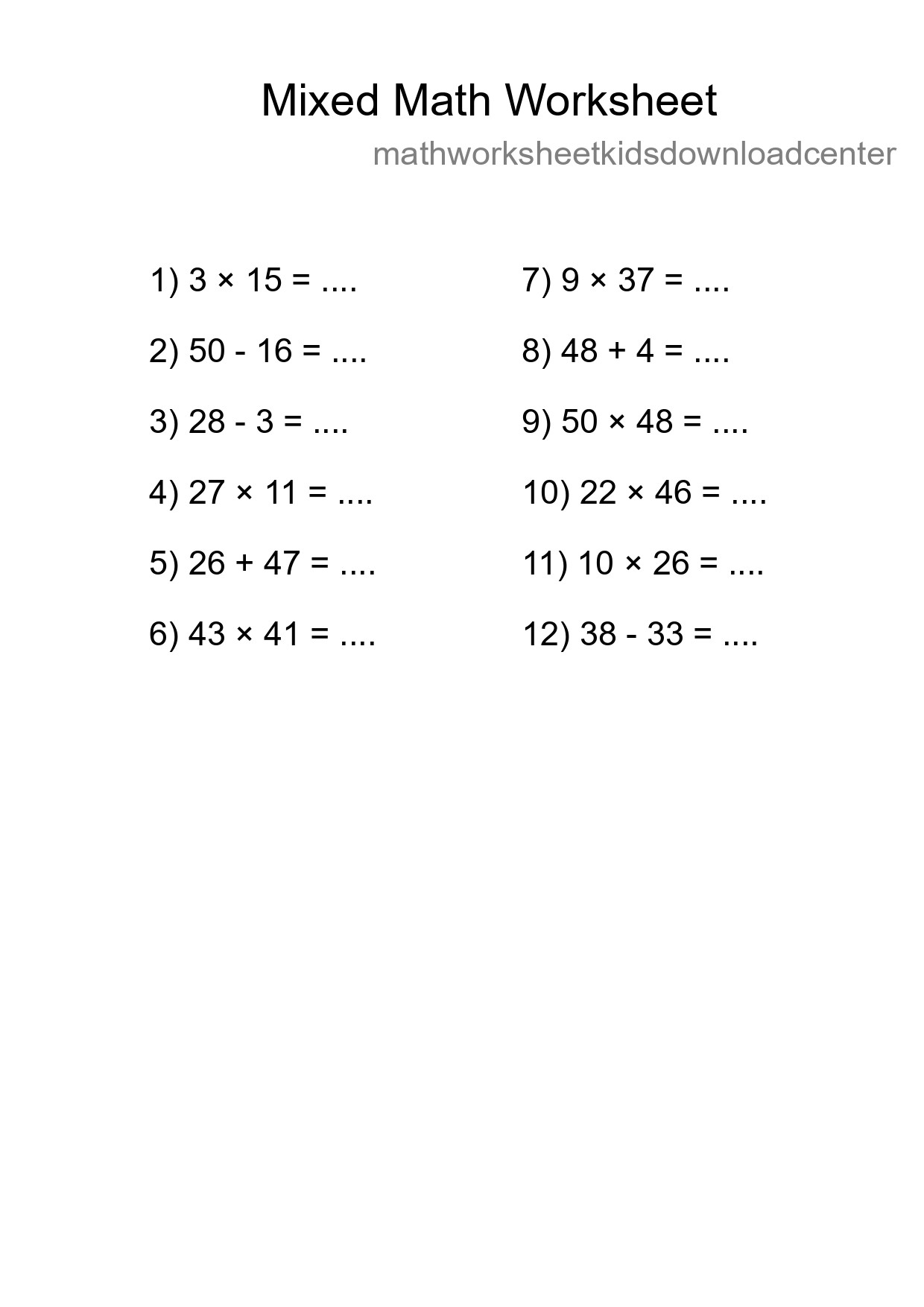 Mixed Operations Math Worksheet