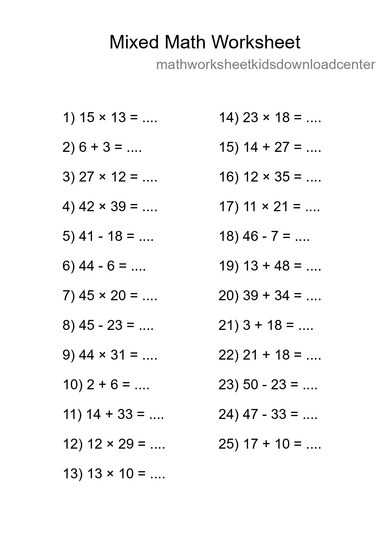 Mixed Operations Math Worksheet