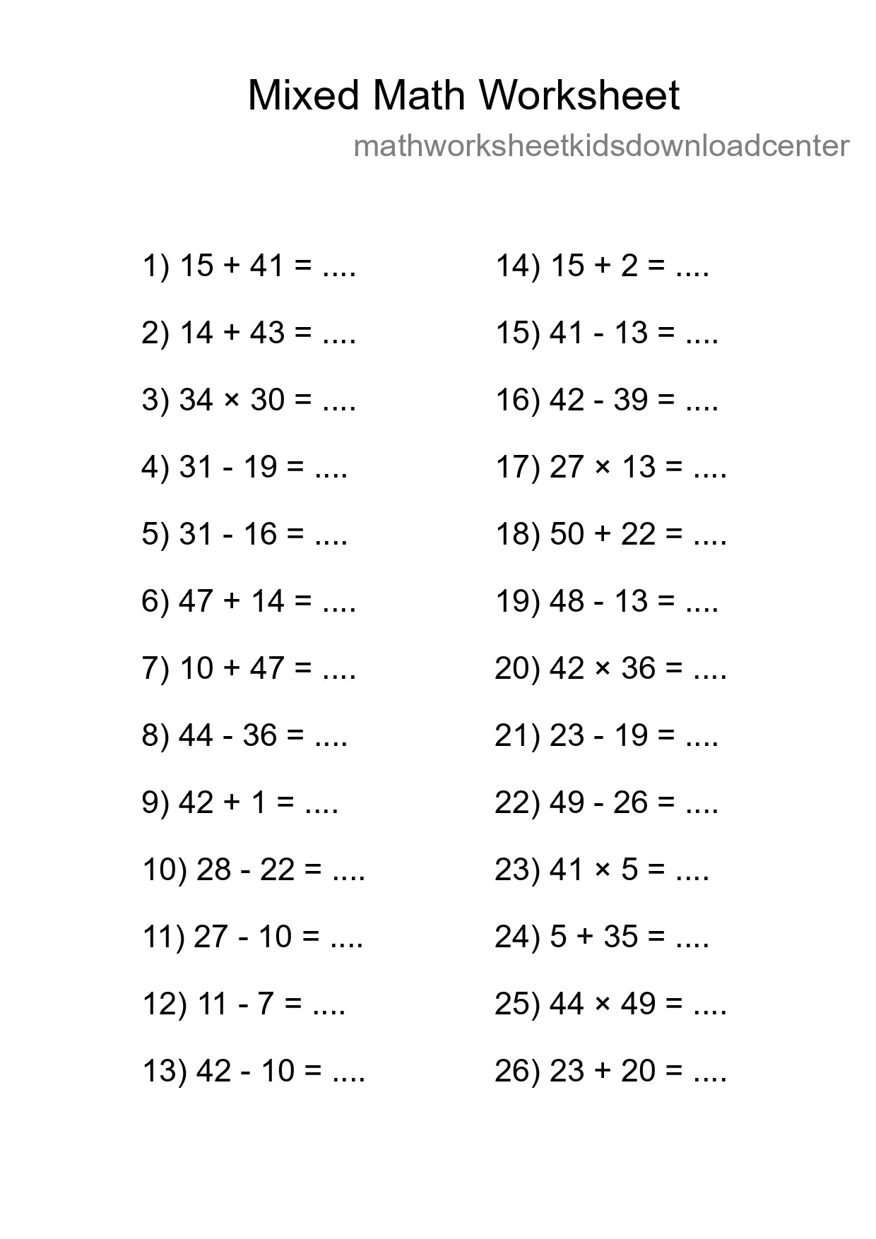 Mixed Operations Math Worksheet