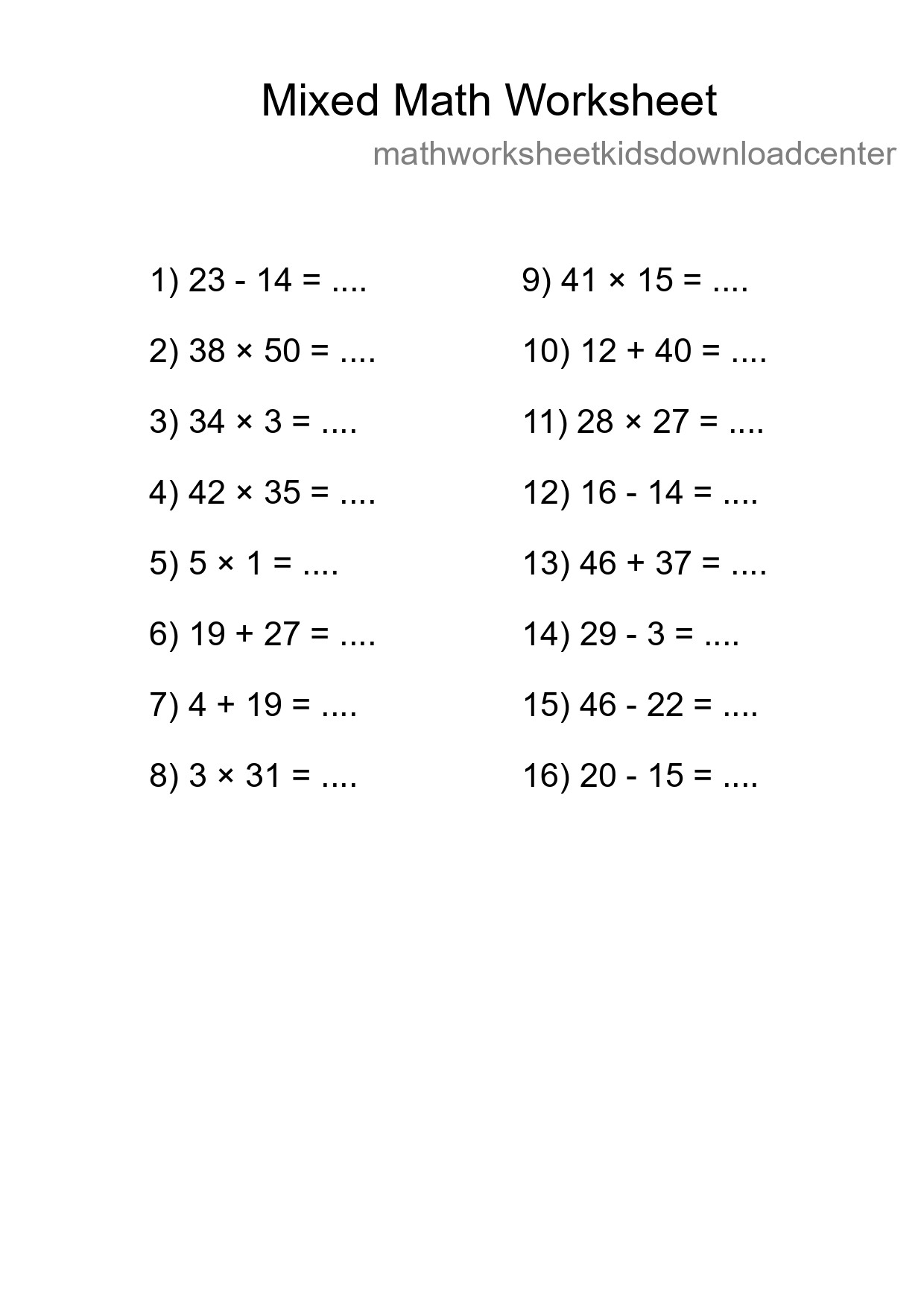 Mixed Operations Math Worksheet