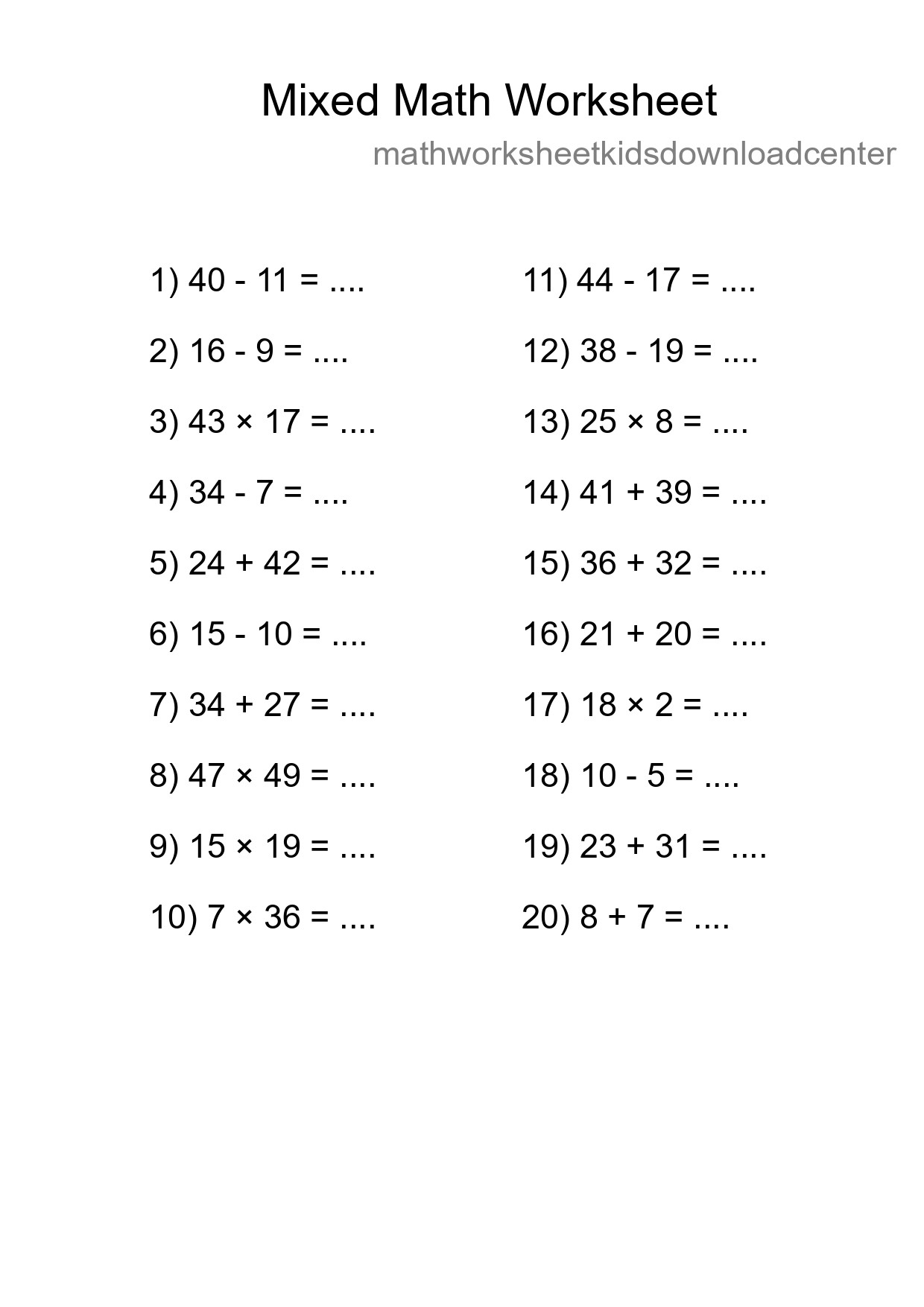 Mixed Operations Math Worksheet