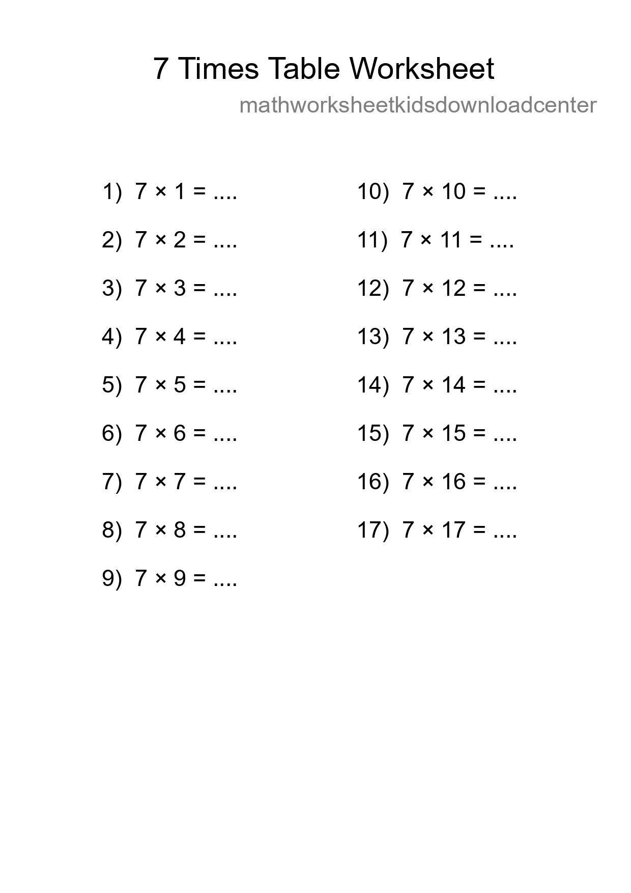 Printable 7 Times Table Worksheet For Grade 3 - Part 119