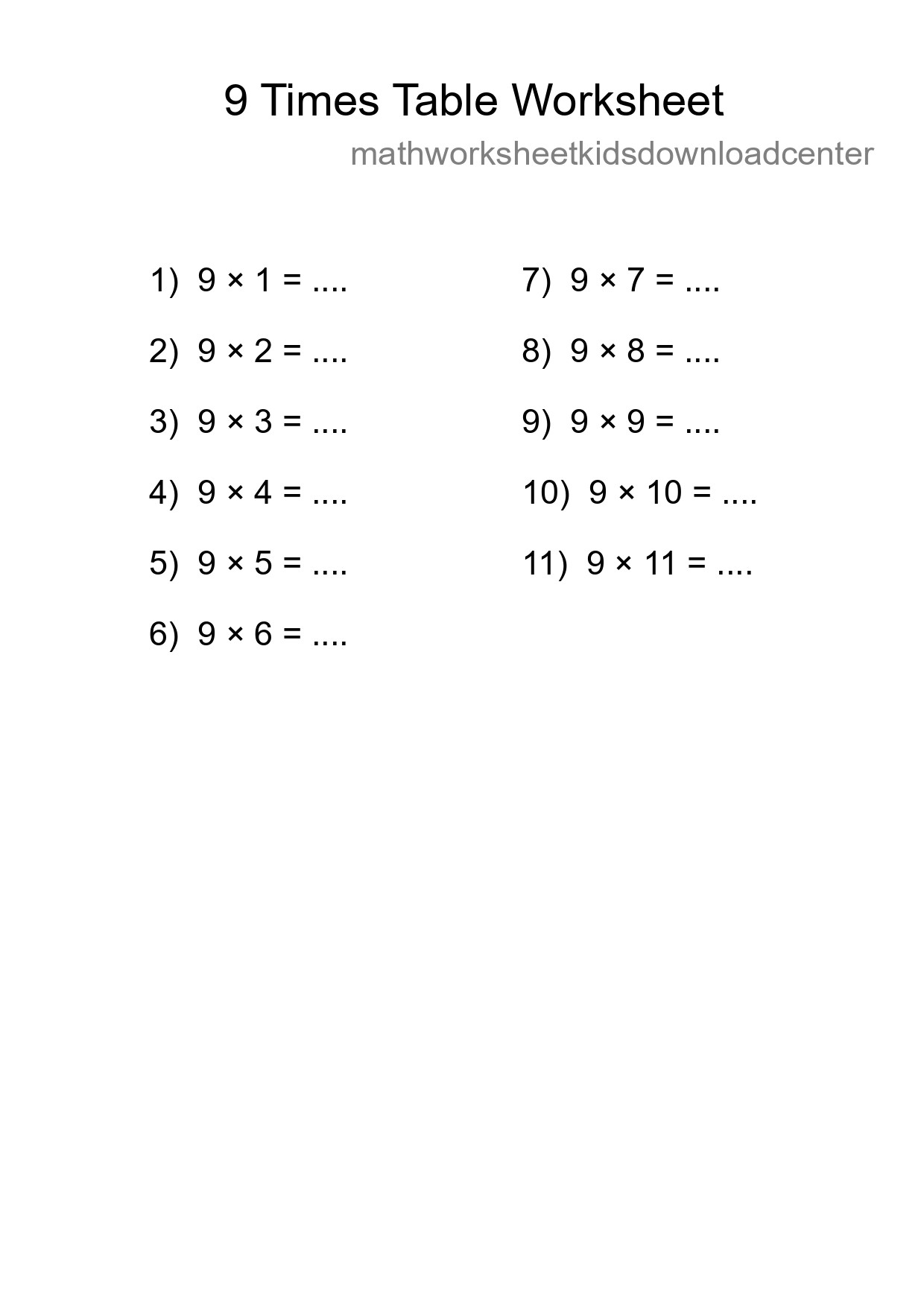 Printable 9 Times Table Worksheet For Grade 3 - Part 42