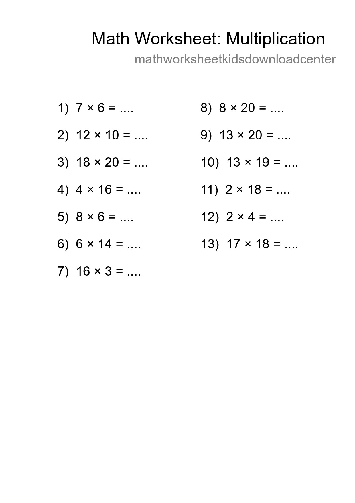 Printable Free 13 Multiplication Math Worksheet For Grade 2 - Part 238