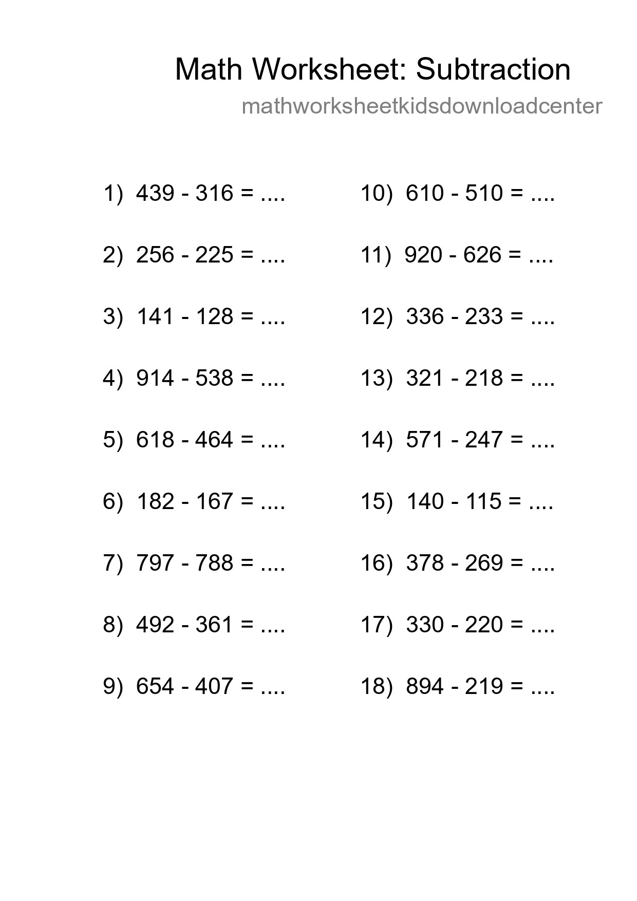 Printable Free 18 Subtraction Math Worksheet For Grade 5 - Part 19