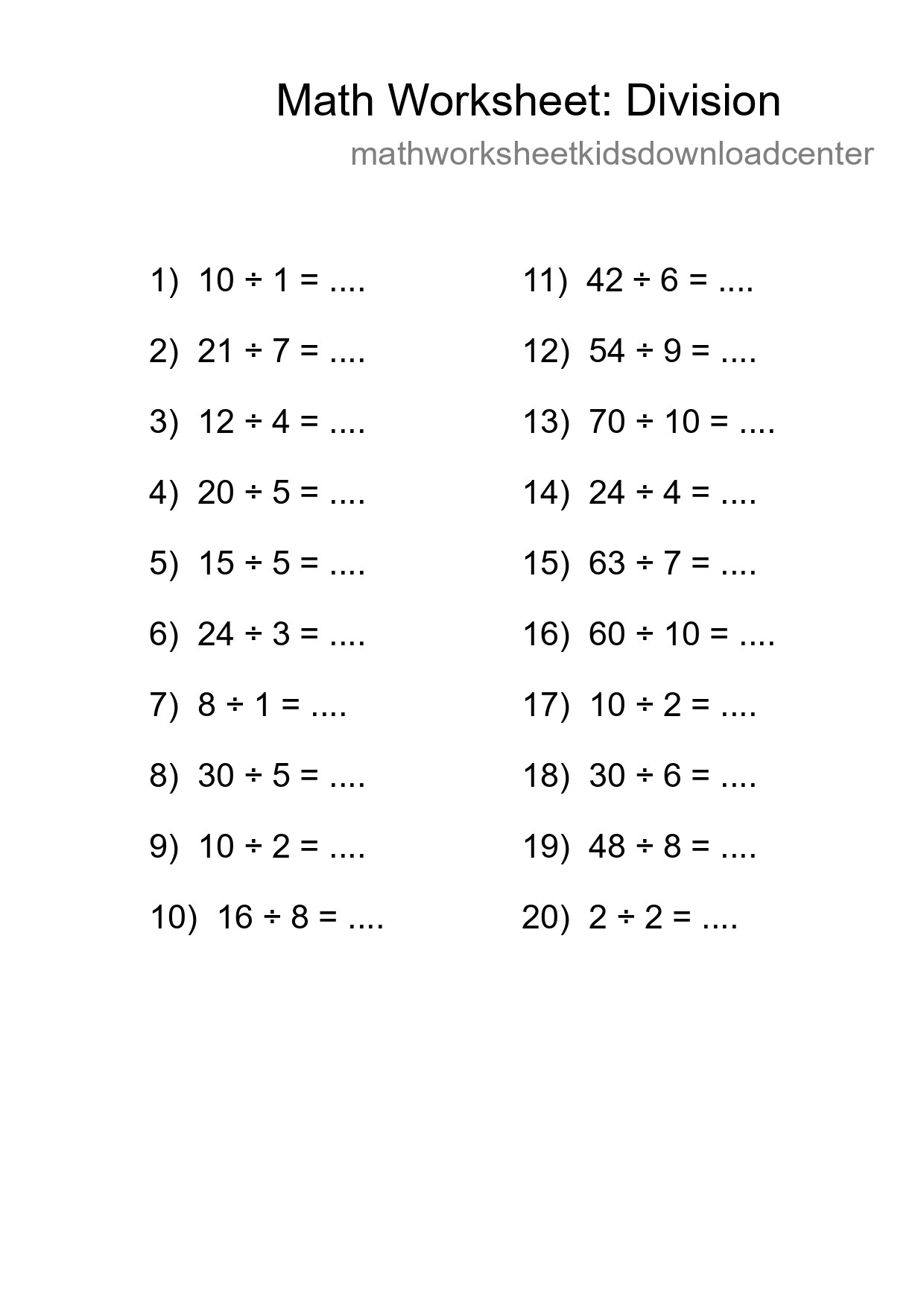 Printable Free 20 Division Math Worksheet For Grade 1 - Part 202