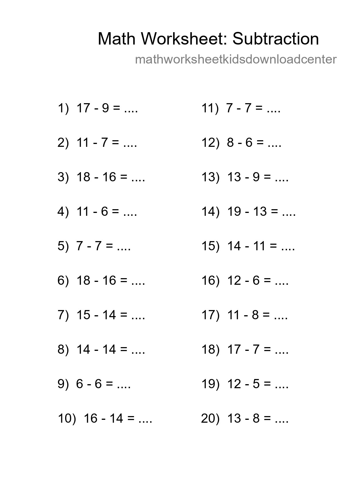 Printable Free 20 Subtraction Math Worksheet For Grade 2 - Part 74