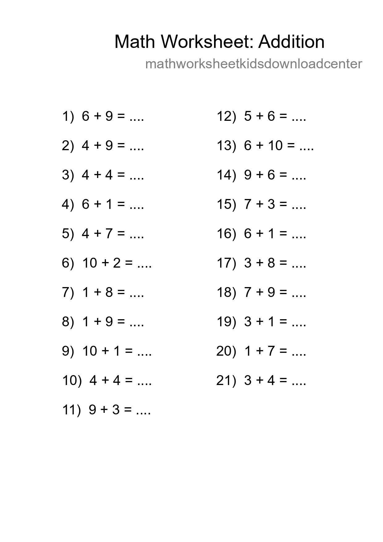 Printable Free 21 Addition Math Worksheet For Grade 1 - Part 177