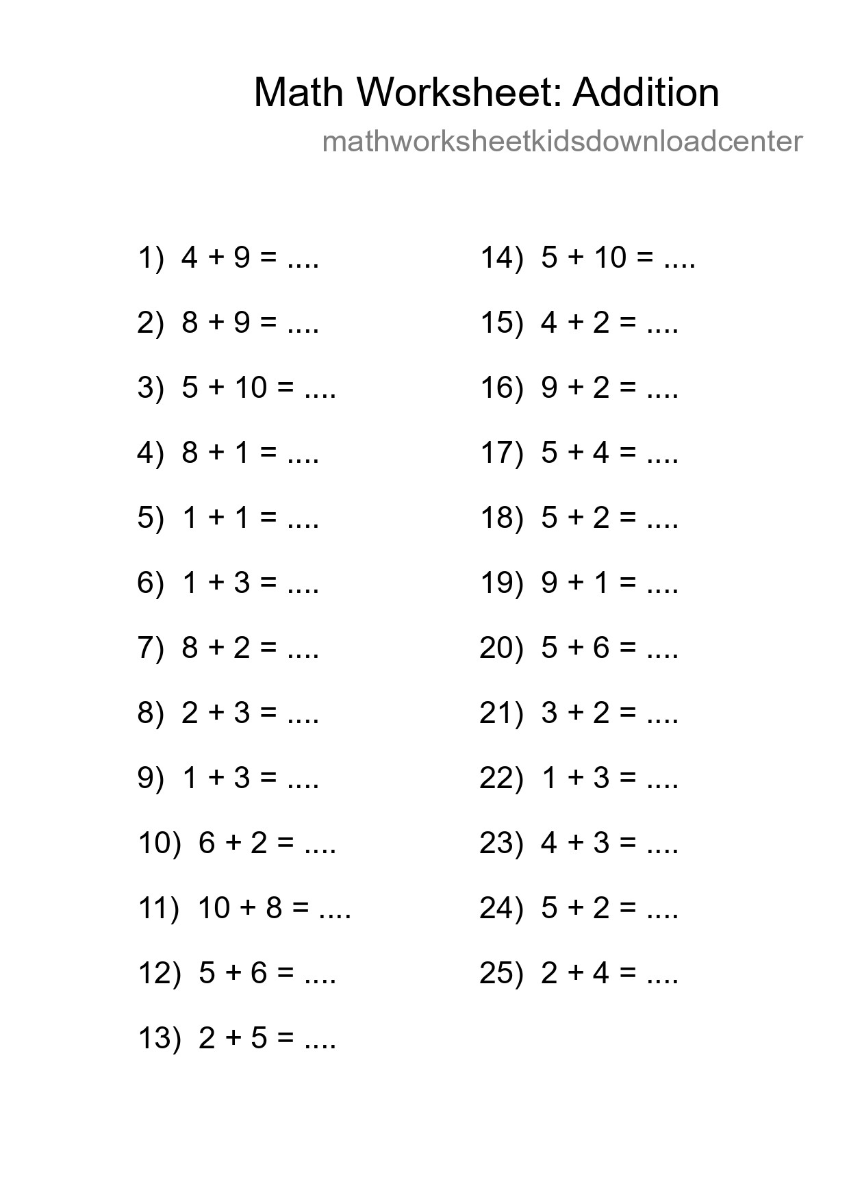 Printable Free 25 Addition Math Worksheet For Grade 1 - Part 199