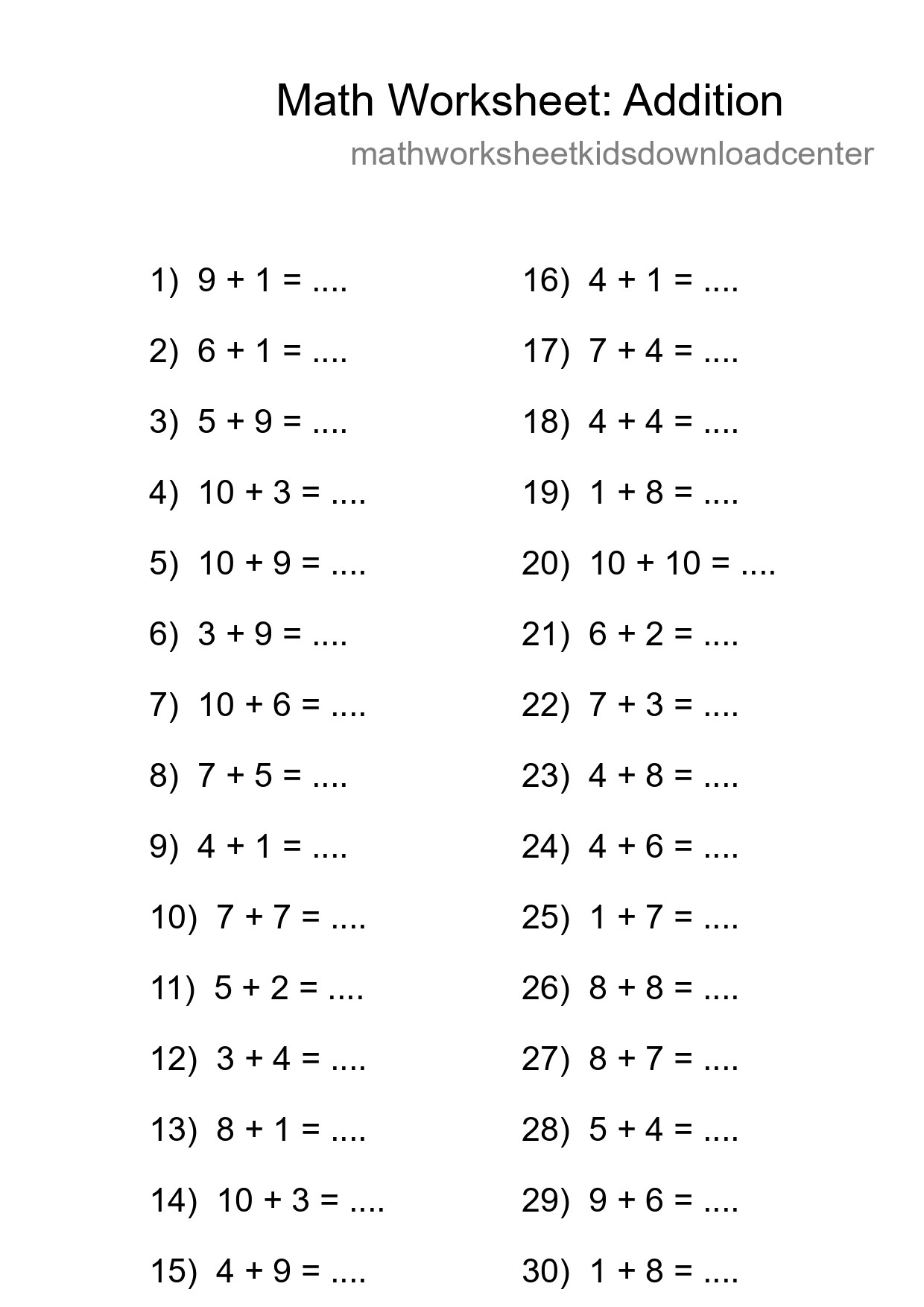 Printable Free 30 Addition Math Worksheet For Grade 1 - Part 243