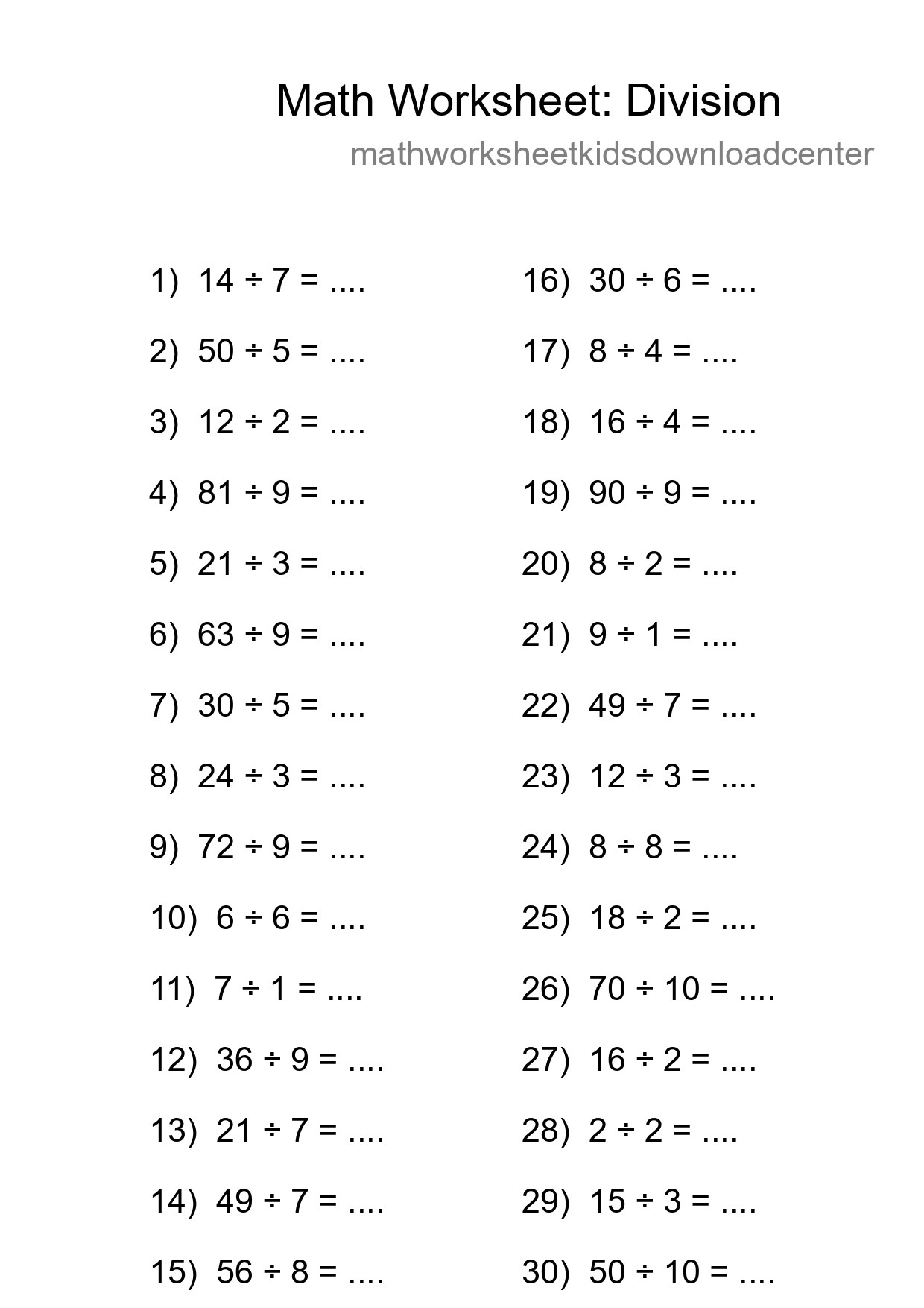 Printable Free 30 Division Math Worksheet For Grade 1 - Part 213